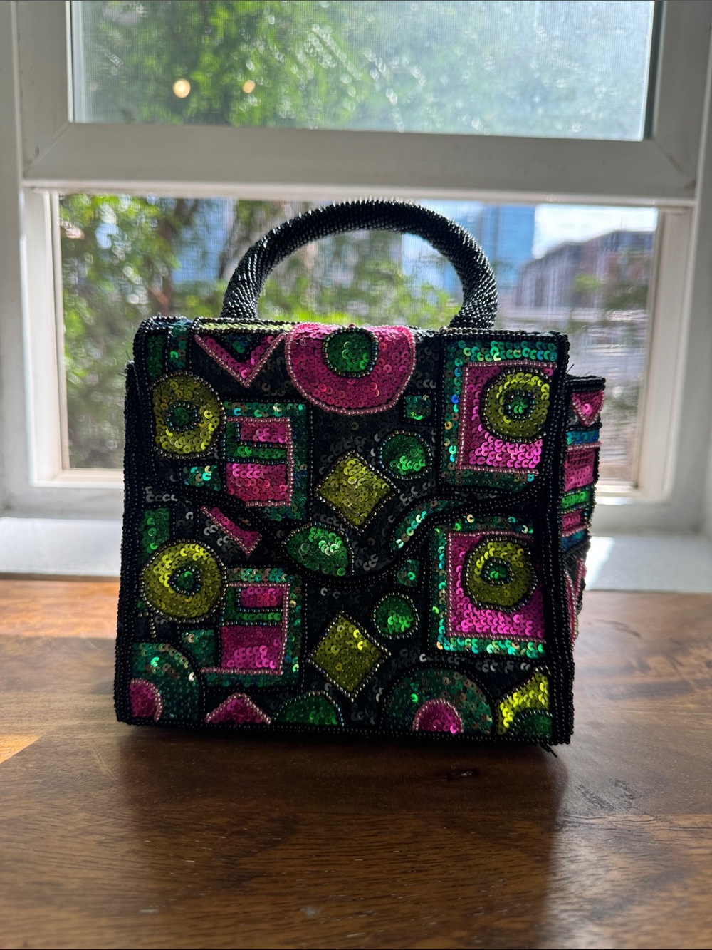 Chicos Sequin Geometric Mini Tote Bag - Black with Pink & Green Accents